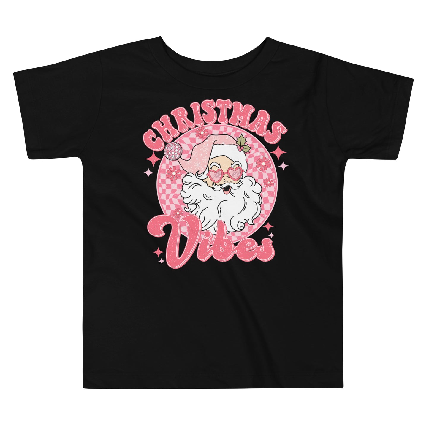 Christmas Vibes Retro Santa Checkered Toddler Short Sleeve Tee