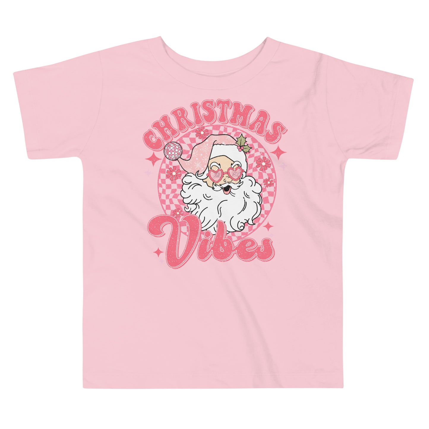 Christmas Vibes Retro Santa Checkered Toddler Short Sleeve Tee