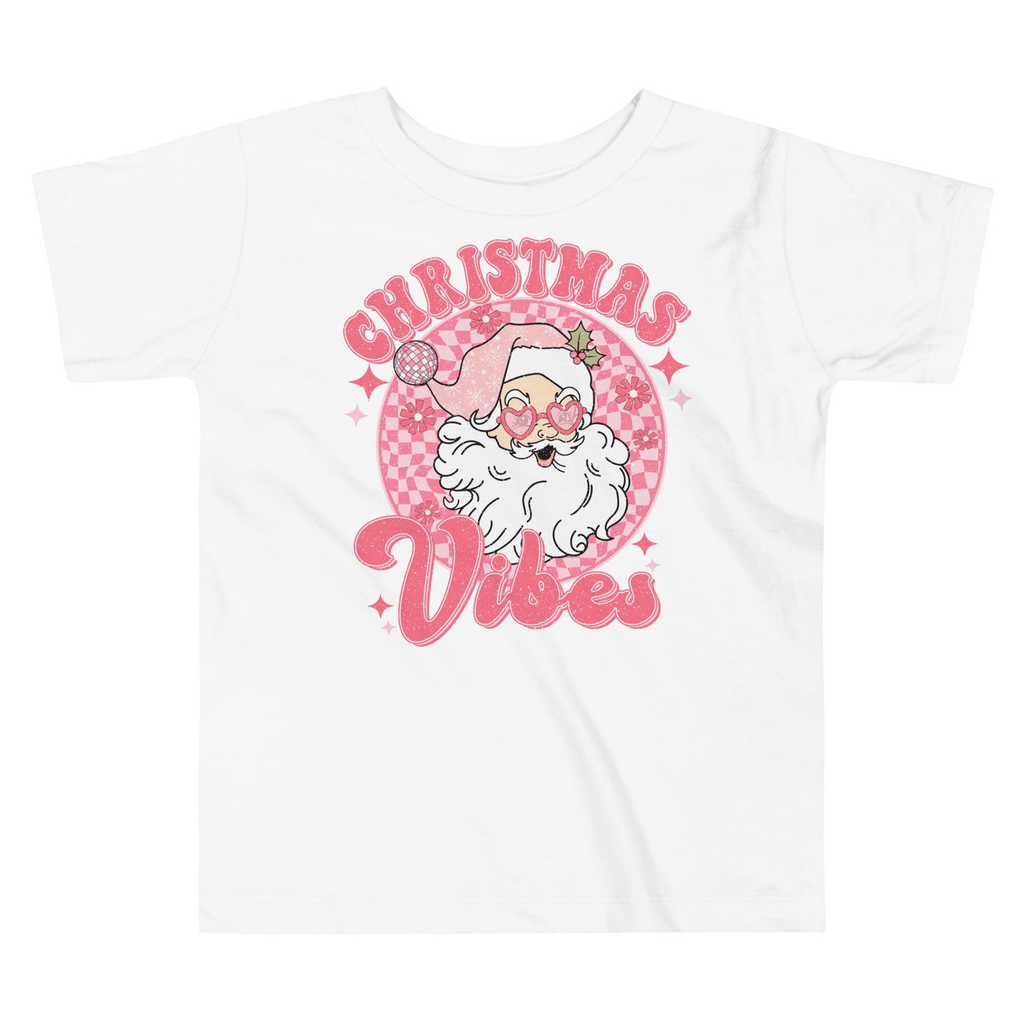 Christmas Vibes Retro Santa Checkered Toddler Short Sleeve Tee