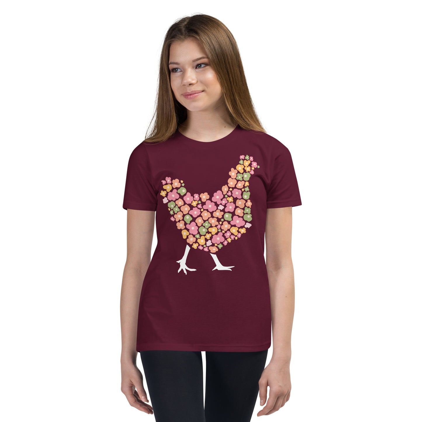 Floral Chicken Silhouette Youth Short Sleeve T-Shirt